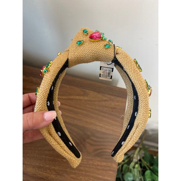 NWT Lele Sadoughi Crystal Radish Knotted Jute Gold-Pleated Headband Brown - Picture 4 of 10